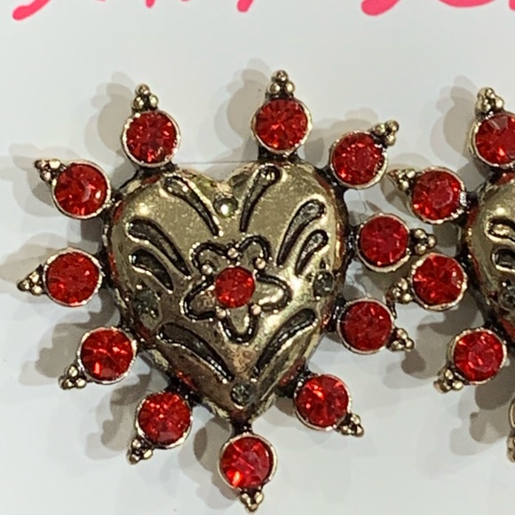 BETSEY JOHNSON Sparkling Red & Gold Floral HEARTS POST EARRINGS! Sweet Love Gift - Picture 2 of 6
